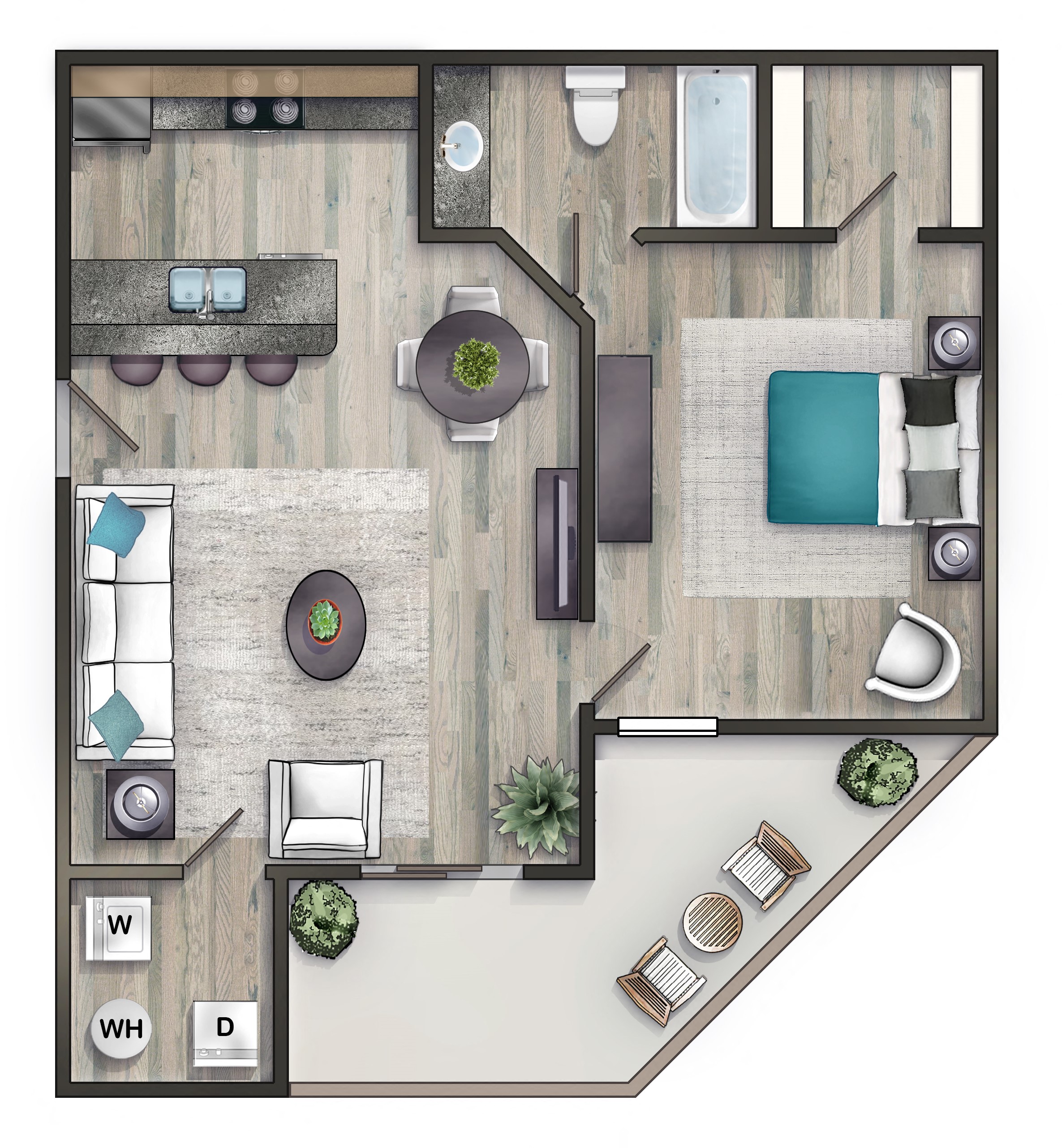 Floor plan for 1 bed, 1 bath, 500 sqft